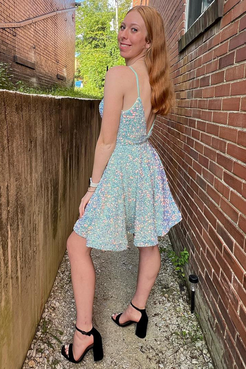 Light Blue Homecoming Dresses A-Line Backless Sequin Prom Dress