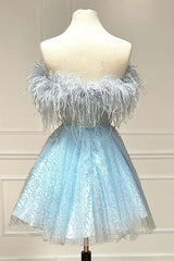 Light Blue Homecoming Dresses A-Line Strapless Prom Dress with Feathers