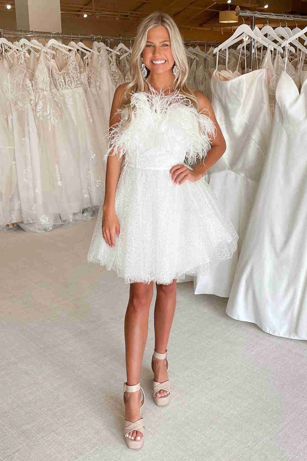 Light Blue Homecoming Dresses A-Line Strapless Prom Dress with Feathers