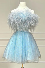 Light Blue Homecoming Dresses A-Line Strapless Prom Dress with Feathers