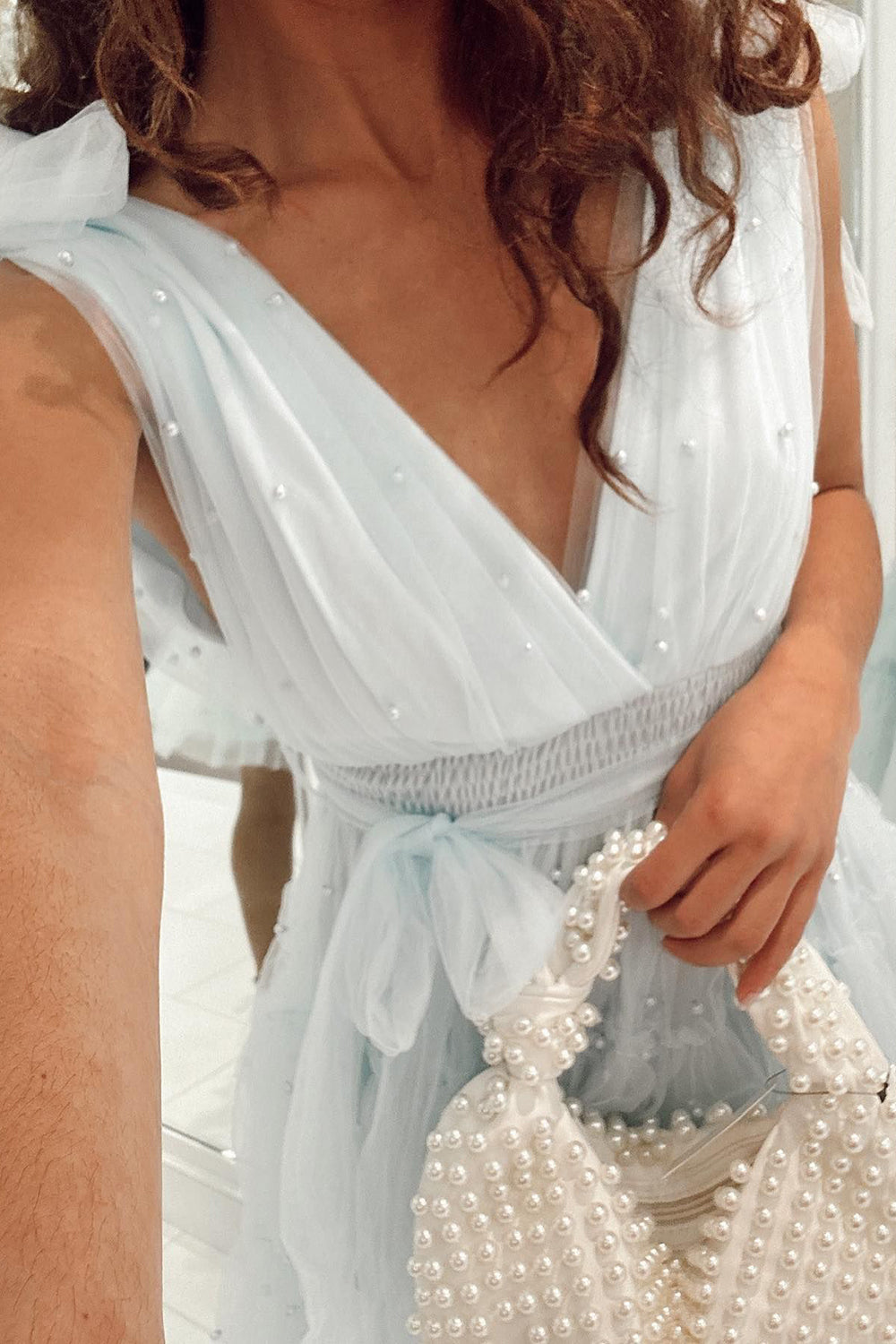 Light Blue Homecoming Dresses A-Line Tulle Tiered Short Cocktail Dresses with Pearls
