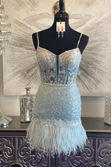 Light Blue Homecoming Dresses Corset Lace Tight Short Cocktail Dresses with Feathers
