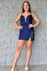 Light Blue Homecoming Dresses Corset Spaghetti Straps Tight Short Cocktail Dresses with Slit