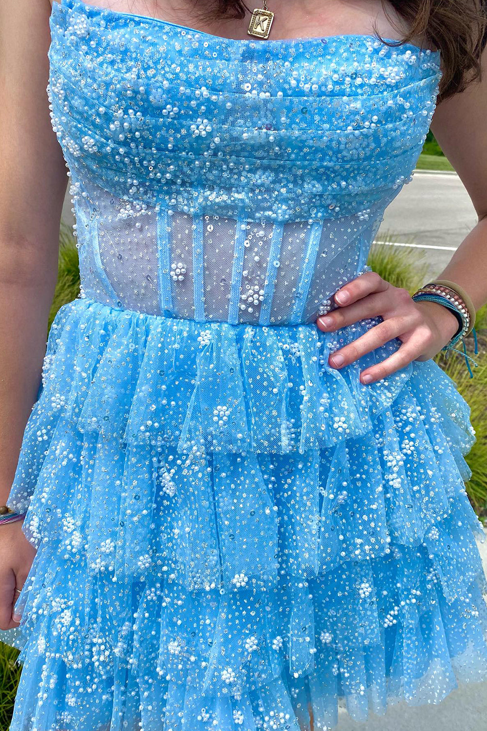 Light Blue Homecoming Dress Corset Strapless A-Line Tiered Short Prom Dress Suzhoufashion