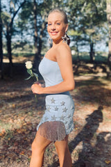 Light Blue Homecoming Dresses One Shoulder Stars Tight Short Cocktail Dresses with Fringes
