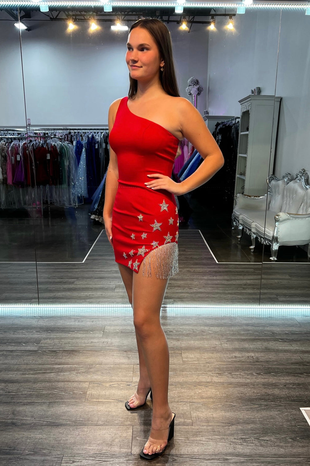 Light Blue Homecoming Dresses One Shoulder Stars Tight Short Cocktail Dresses with Fringes
