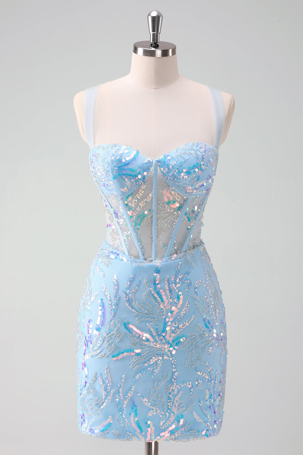 Light Blue Homecoming Dresses Sequin Corset Tight Short Cocktail Dresses