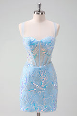 Light Blue Homecoming Dresses Sequin Corset Tight Short Cocktail Dresses