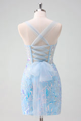 Light Blue Homecoming Dresses Sequin Corset Tight Short Cocktail Dresses