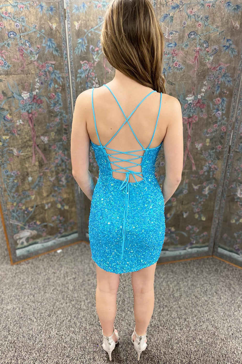 Light Blue Homecoming Dresses Sequined Tight Short Cocktail Dresses