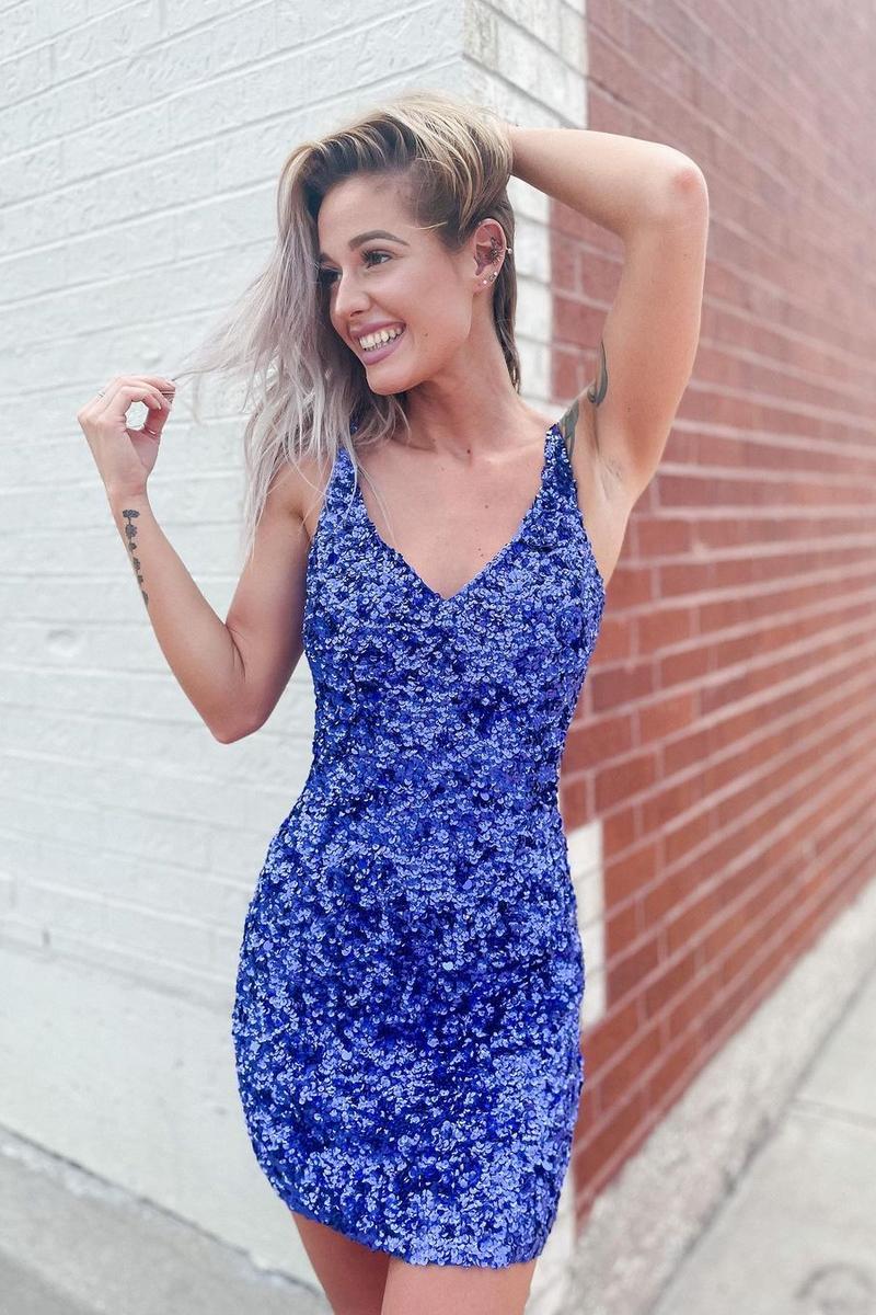 Light Blue Homecoming Dresses V-Neck Tight Sequin Short Cocktail Dresses