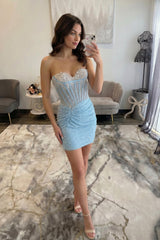 Light Blue Pearl-Embellished Ruched Corset Homecoming Dress