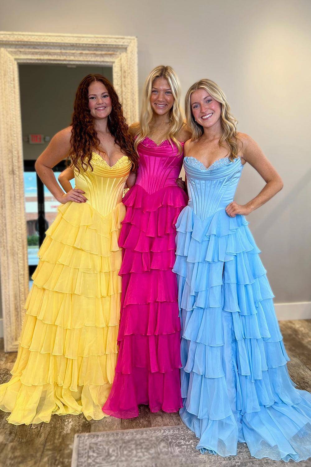 Light Blue Prom Dress A Line Sweetheart Ruffled Corset Long Formal Dress