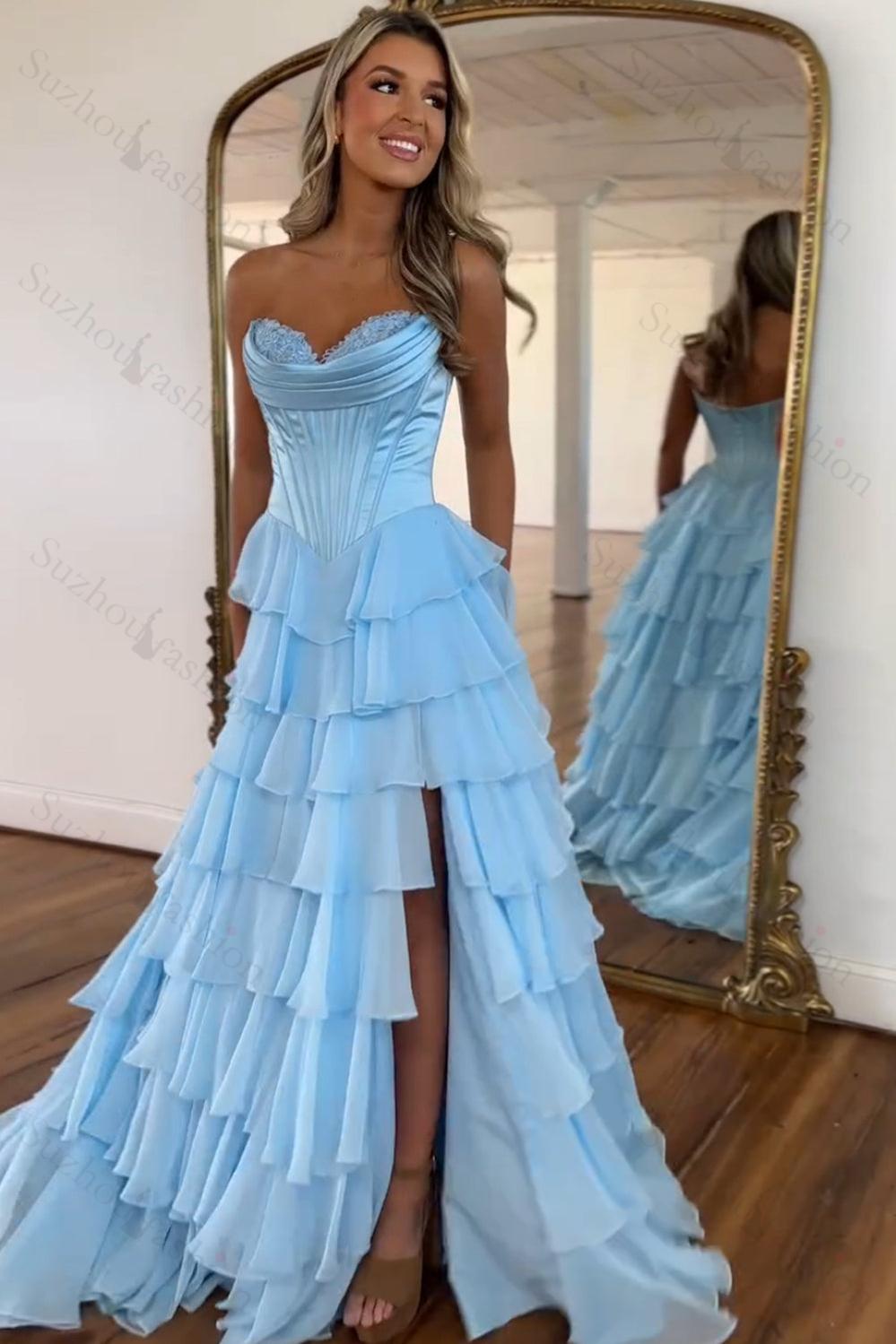 Light Blue Prom Dress A Line Sweetheart Ruffled Corset Long Formal Dress