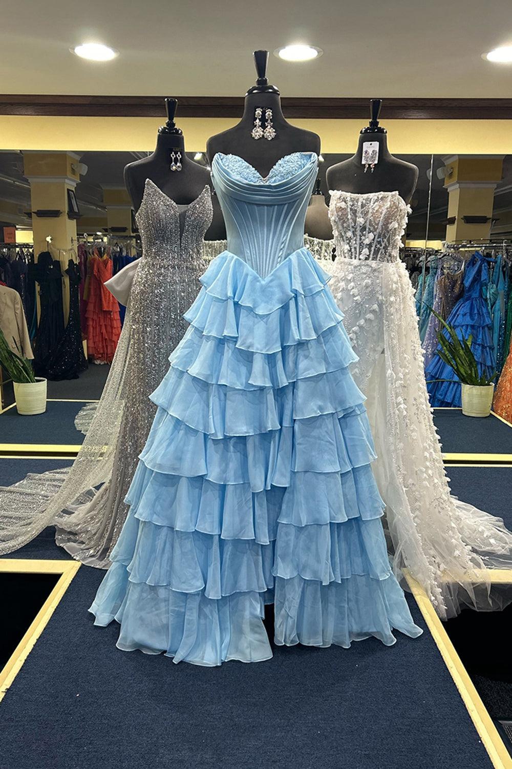 Light Blue Prom Dress A Line Sweetheart Ruffled Corset Long Formal Dress