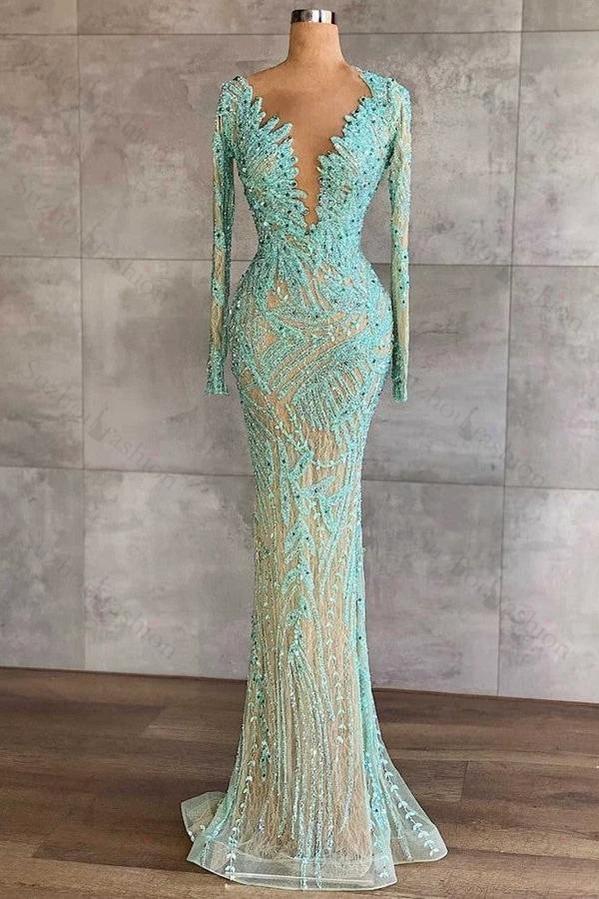 Light Blue Prom Dress Mermaid Beaded Tulle Evening Formal Dress Long Sleeves With Sequined