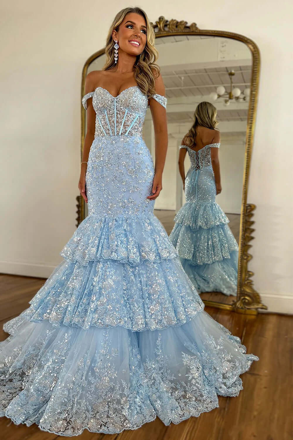 Light Blue Prom Dress Mermaid Off The Shoulder Long Formal Dress With Lace
