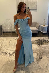 Light Blue Prom Dress Off The Shoulder Corset Mermaid Long Formal Dress With Slit
