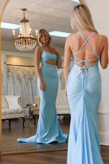 Light Blue Prom Dress Satin Spaghetti Straps Cut Out Long Formal Dress