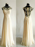 Light Champagne Long Popular Prom Dresses with Sheer Back Chiffon Evening Dresses