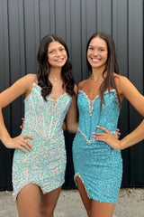 Light Green Homecoming Dresses Strapless Corset Tight Short Cocktail Dresses with Sequin