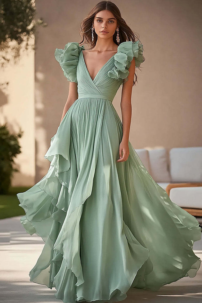 white christmas dresses BABARONI Lace Bodice Chiffon Skirt Dresses with Slit Lime Green Plus size, Lime Green / US18 main image 0