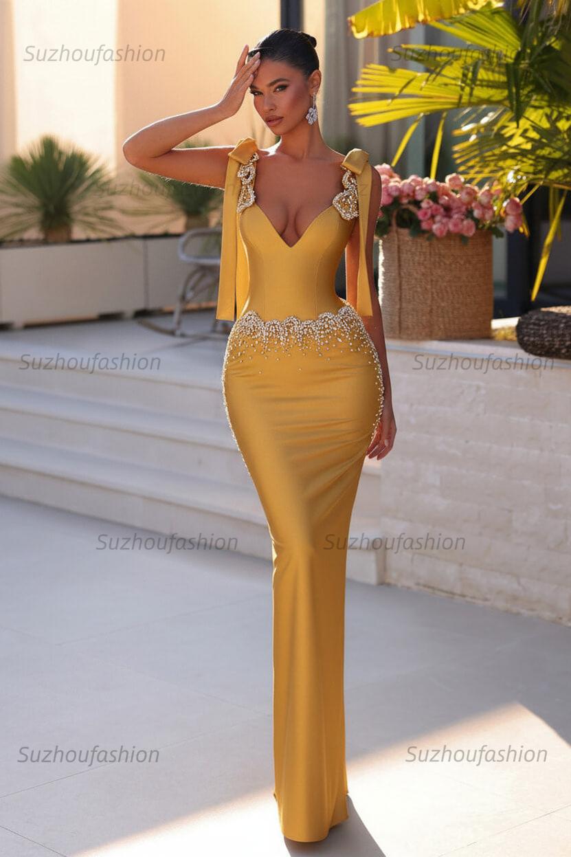 Light Green Prom Dress Column V Neck Beaded Spaghetti Strap Sleeveless Satin Formal Dress