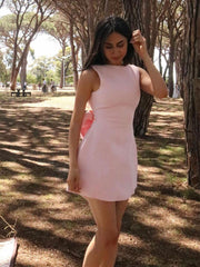 Light Pink Bow A-line Pearls Mini Dress Gown Homecoming Party Dresses