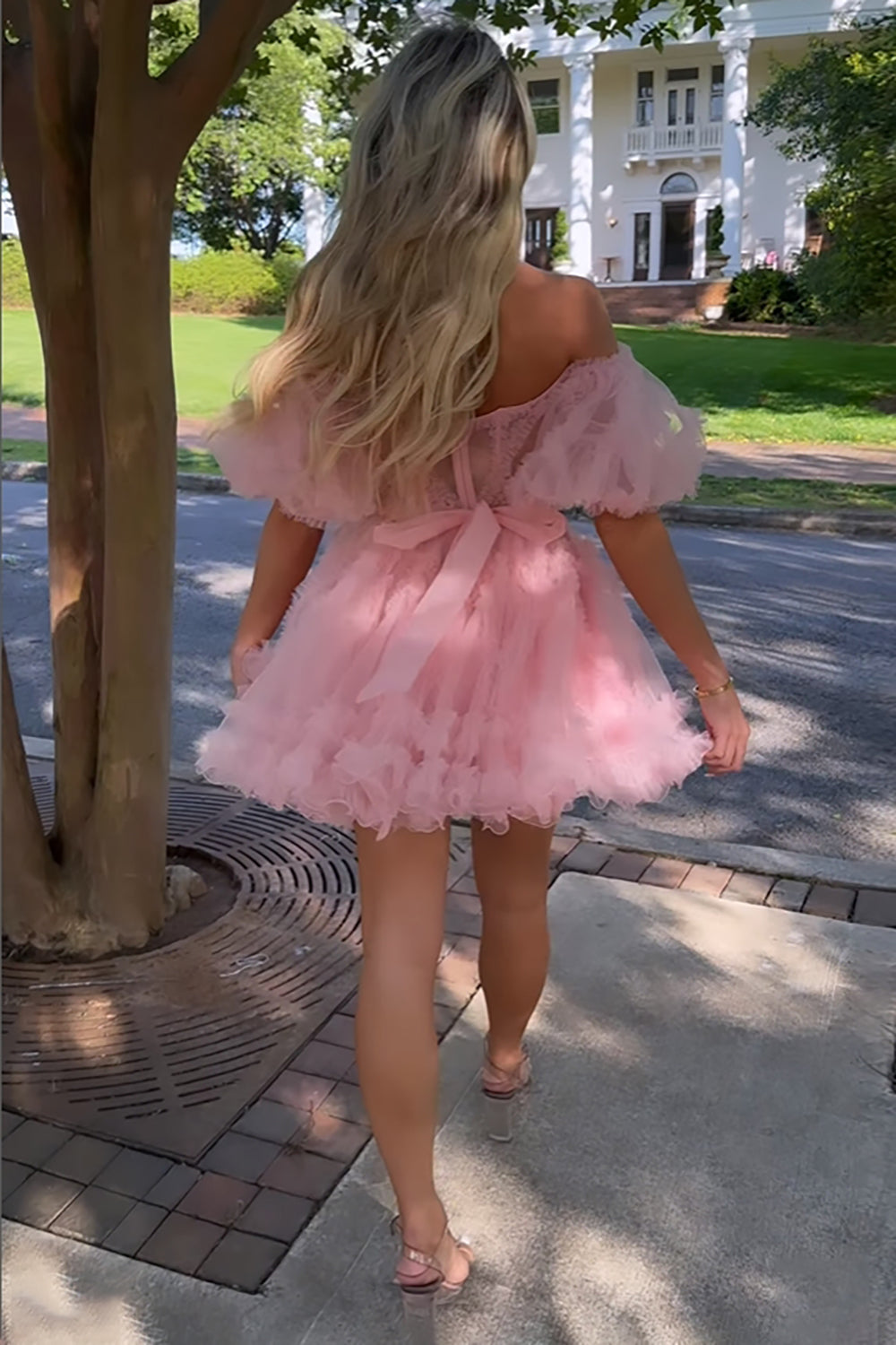 places to get cute homecoming dresses Off The Shoulder Pink Sequins Short Homecoming Dress with Bowknot main image 1