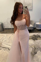 Light Pink Prom Dress Corset Tulle Long Formal Dress With Slit