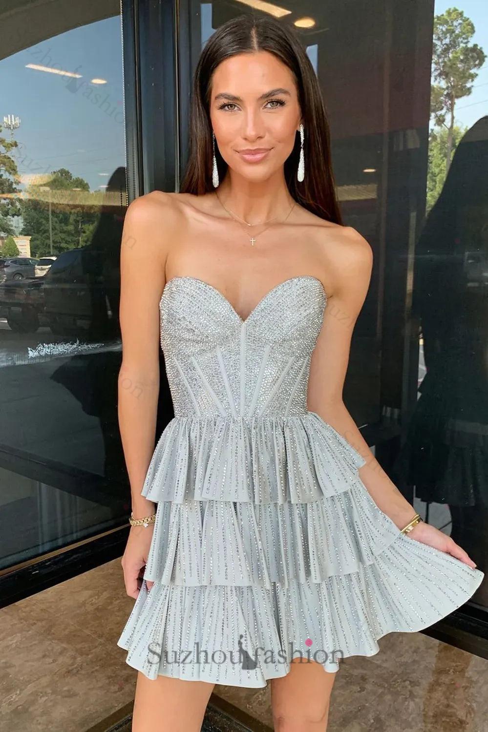 Lilac A Line Homecoming Dresses Corset Strapless Tiered Short Cocktail Dresses