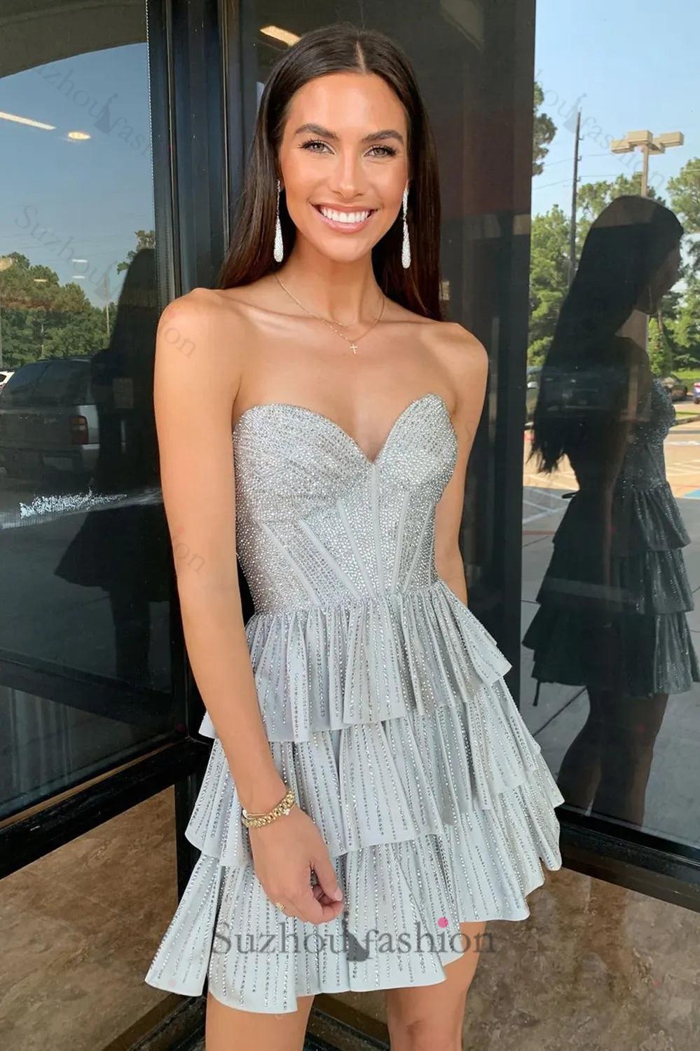 Lilac A Line Homecoming Dresses Corset Strapless Tiered Short Cocktail Dresses