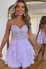 Lilac Homecoming Dress Corset Beaded A Line Short Prom Dress with Ruffles