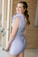 Lilac Homecoming Dresses Beaded One Shoulder Tight Short Cocktail Dresses with Feathers