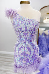 Lilac Homecoming Dresses One Shoulder Tight Short Cocktail Dresses with Feather
