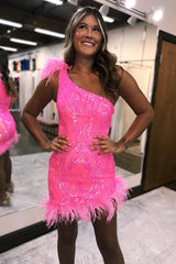 Lilac Homecoming Dresses One Shoulder Tight Short Cocktail Dresses with Feather