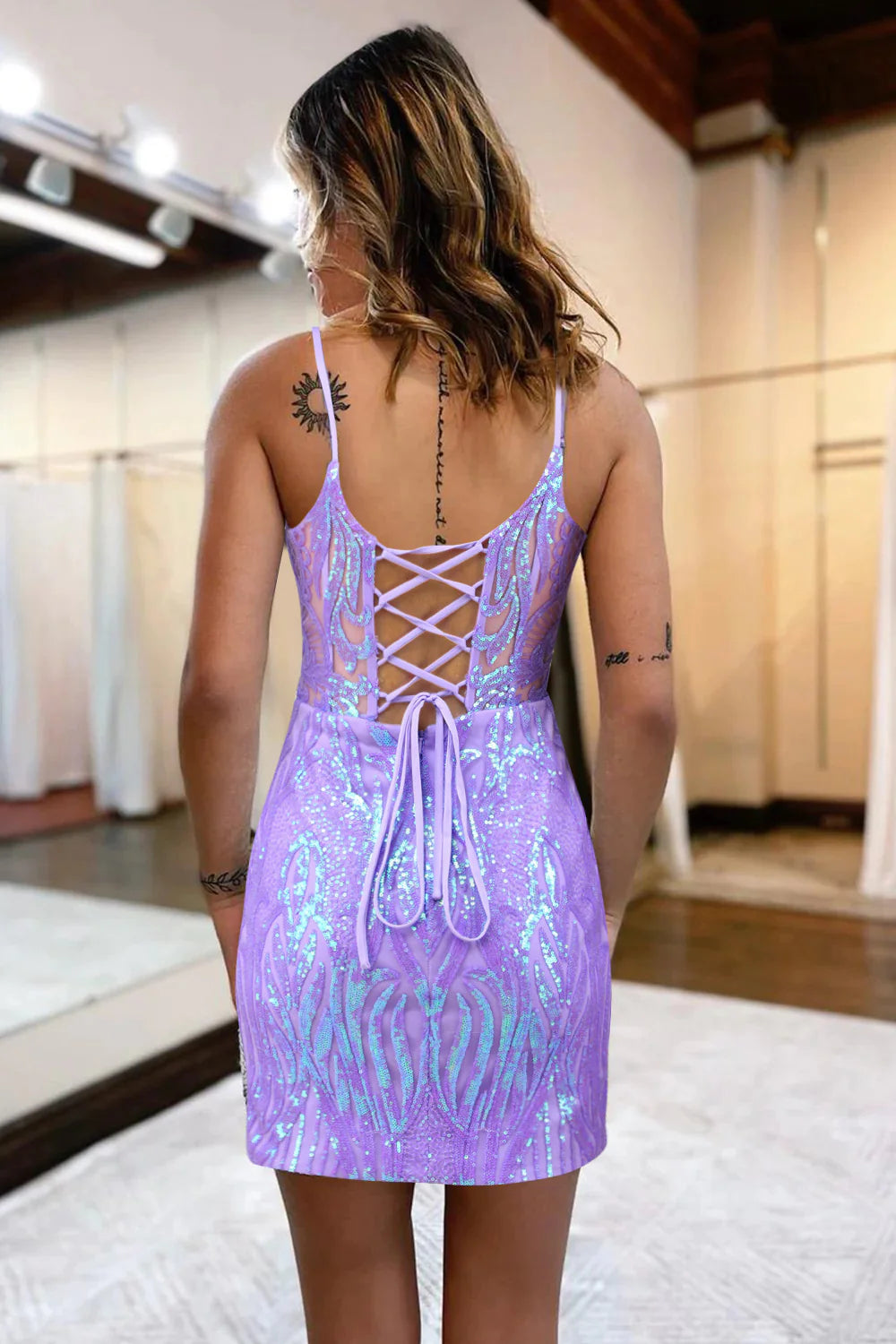 Lilac Homecoming Dress Sequin Lace-Up Back Tight Short Prom Dress Suzhoufashion