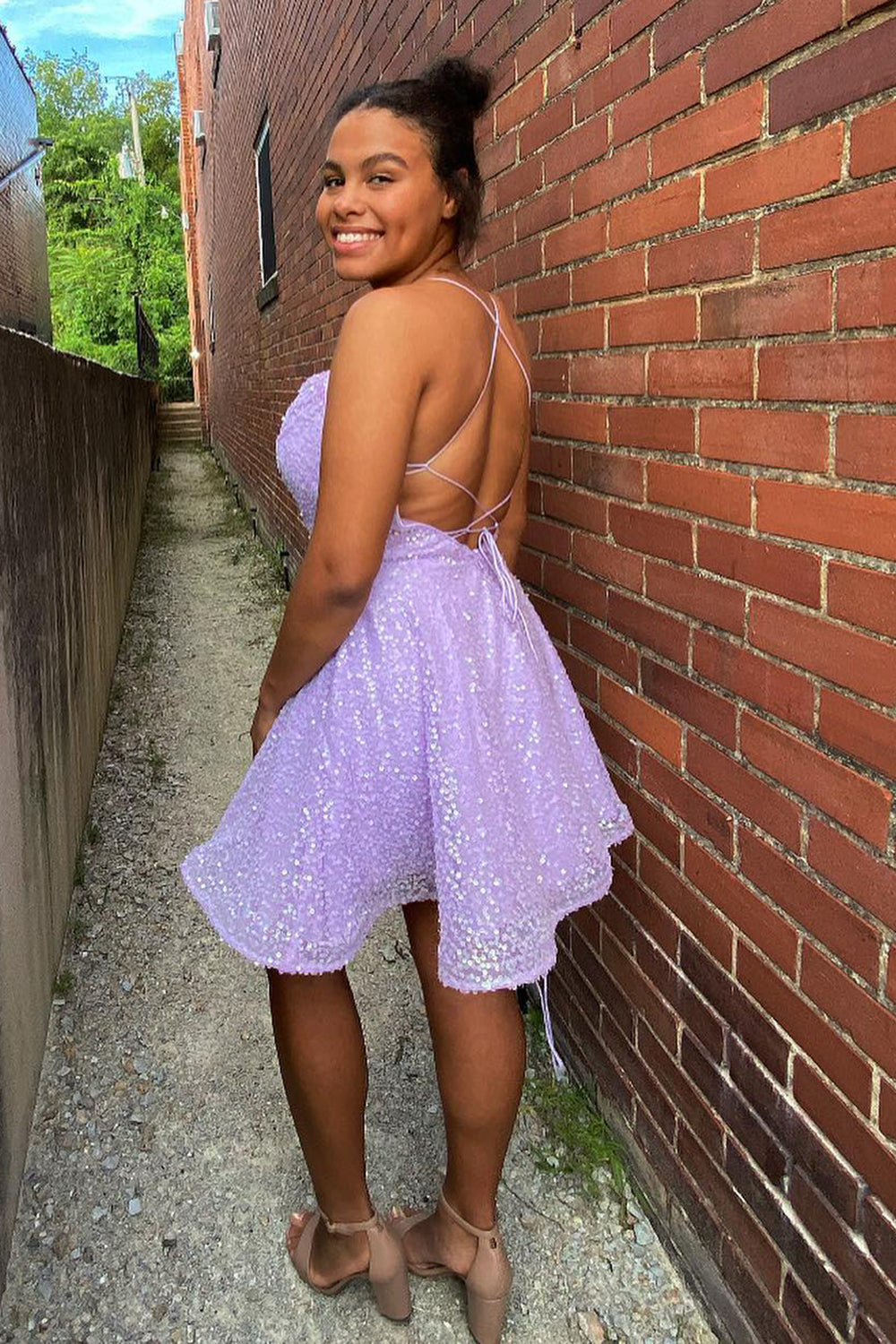 Lilac Homecoming Dresses Sequin Prom Dress with Criss Cross Back