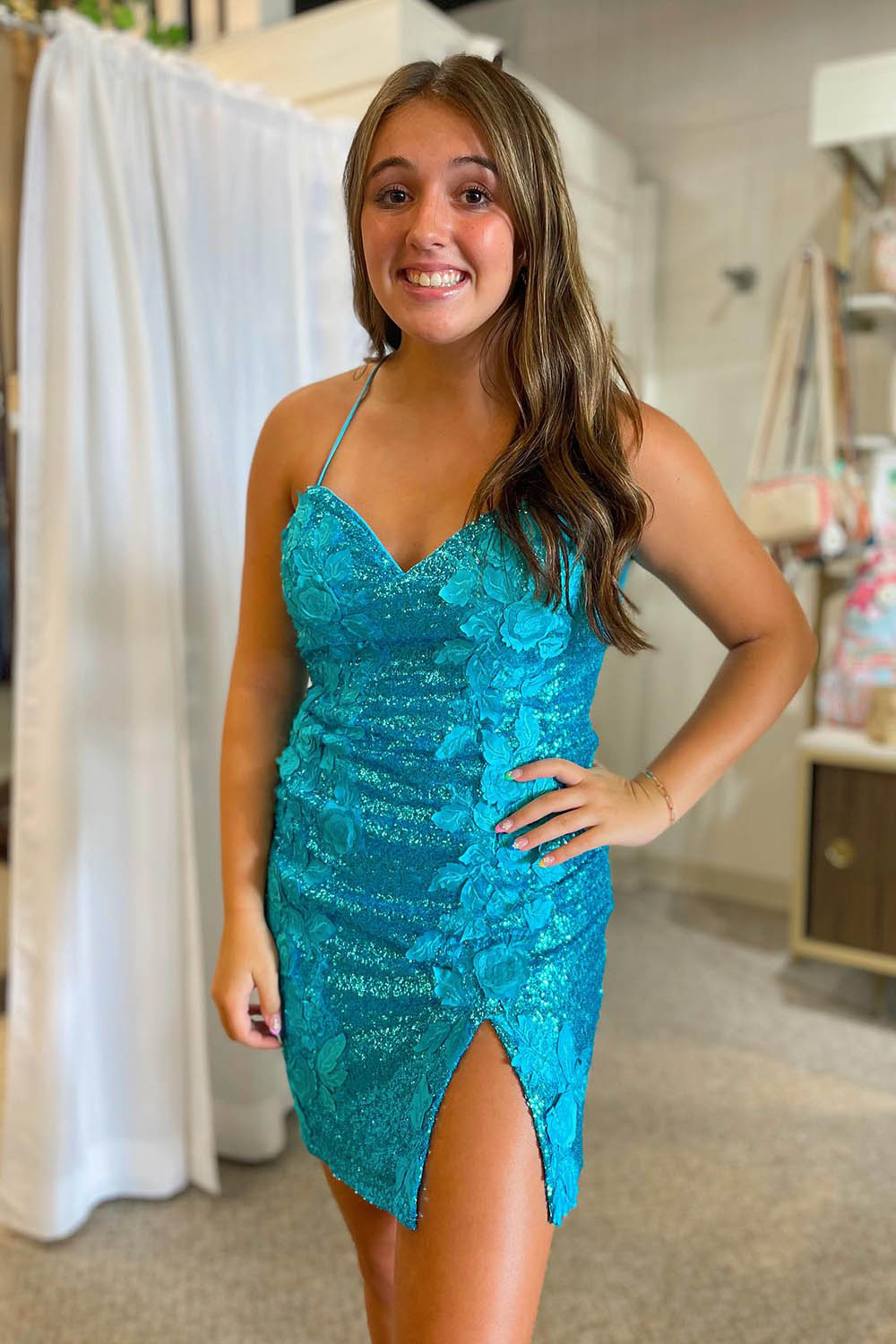 Lilac Homecoming Dresses Sequined Tight Short Cocktail Dresses with 3D Flowers