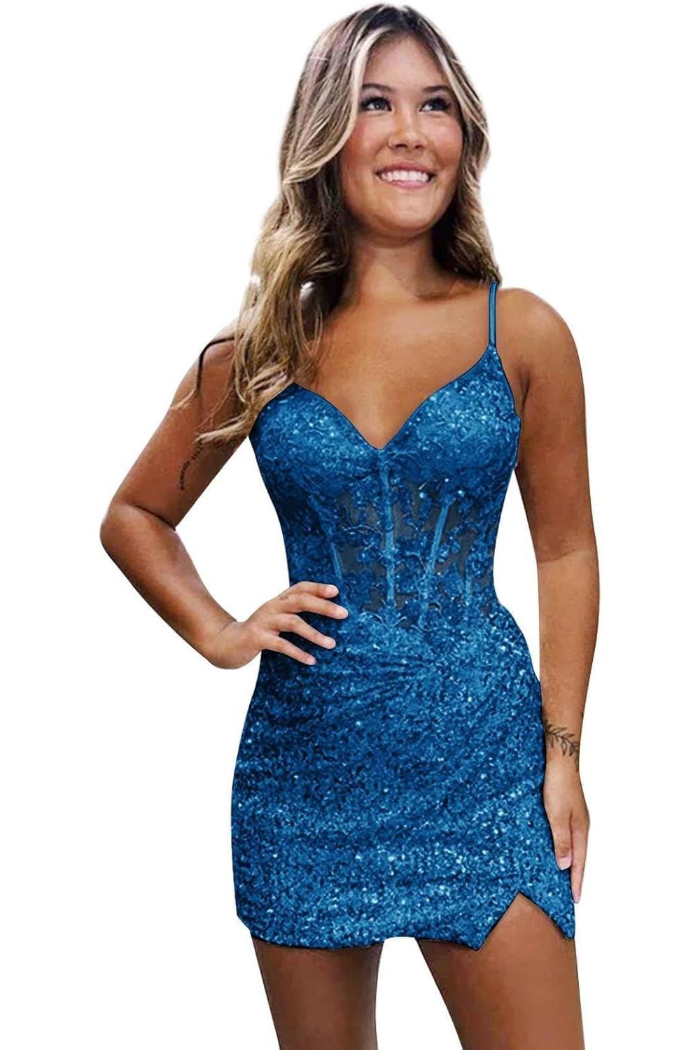 Lilac Homecoming Dresses Spaghetti Straps Sequin Corset Tight Short Cocktail Dresses