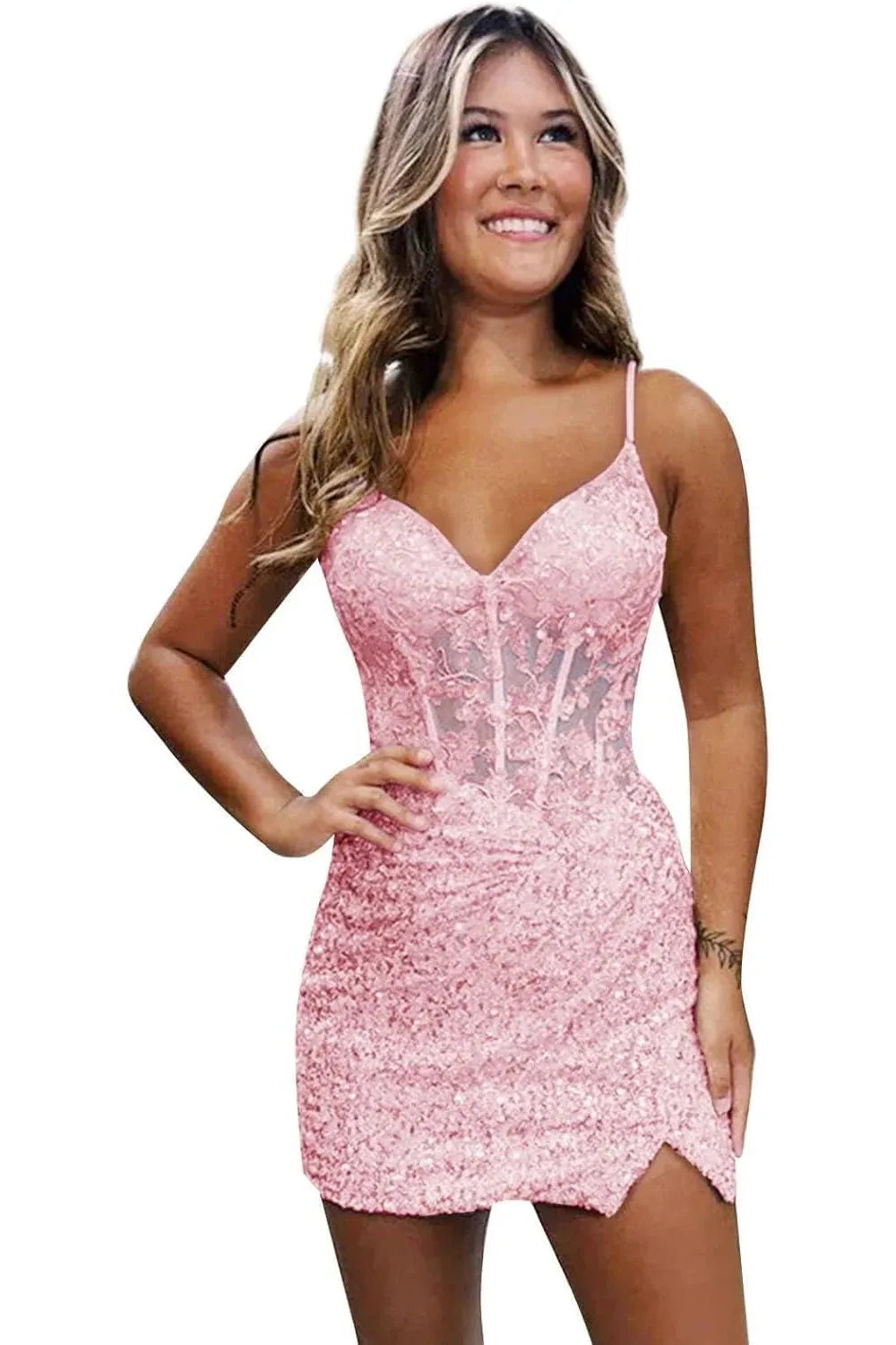 Lilac Homecoming Dresses Spaghetti Straps Sequin Corset Tight Short Cocktail Dresses
