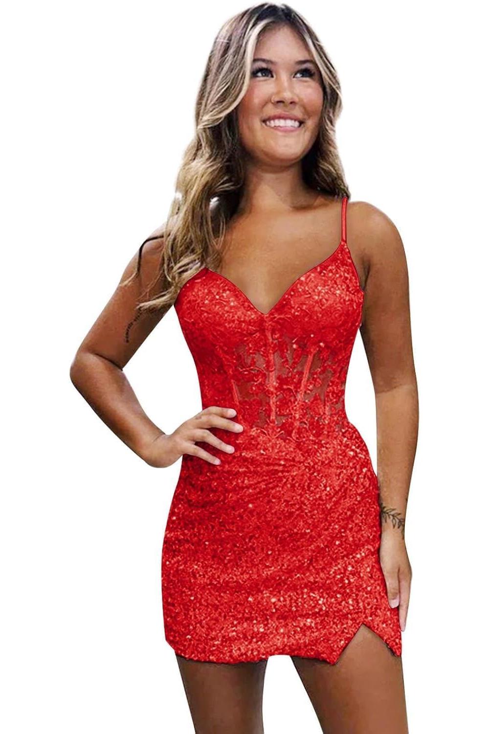 Lilac Homecoming Dresses Spaghetti Straps Sequin Corset Tight Short Cocktail Dresses