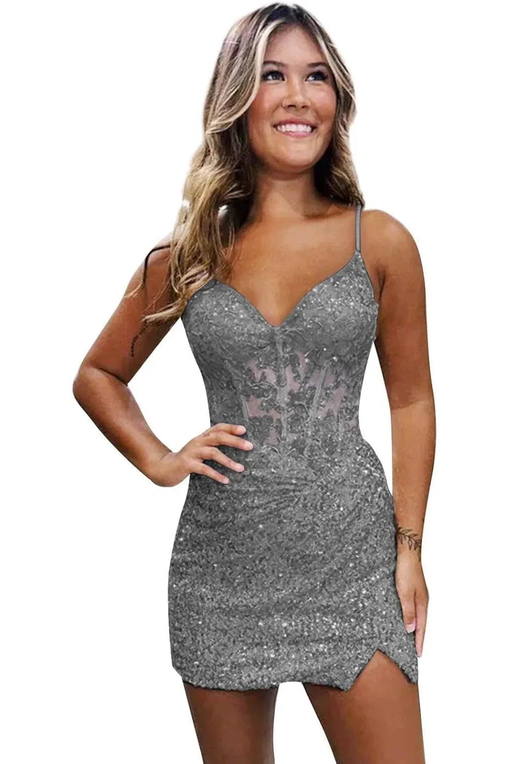 Lilac Homecoming Dresses Spaghetti Straps Sequin Corset Tight Short Cocktail Dresses