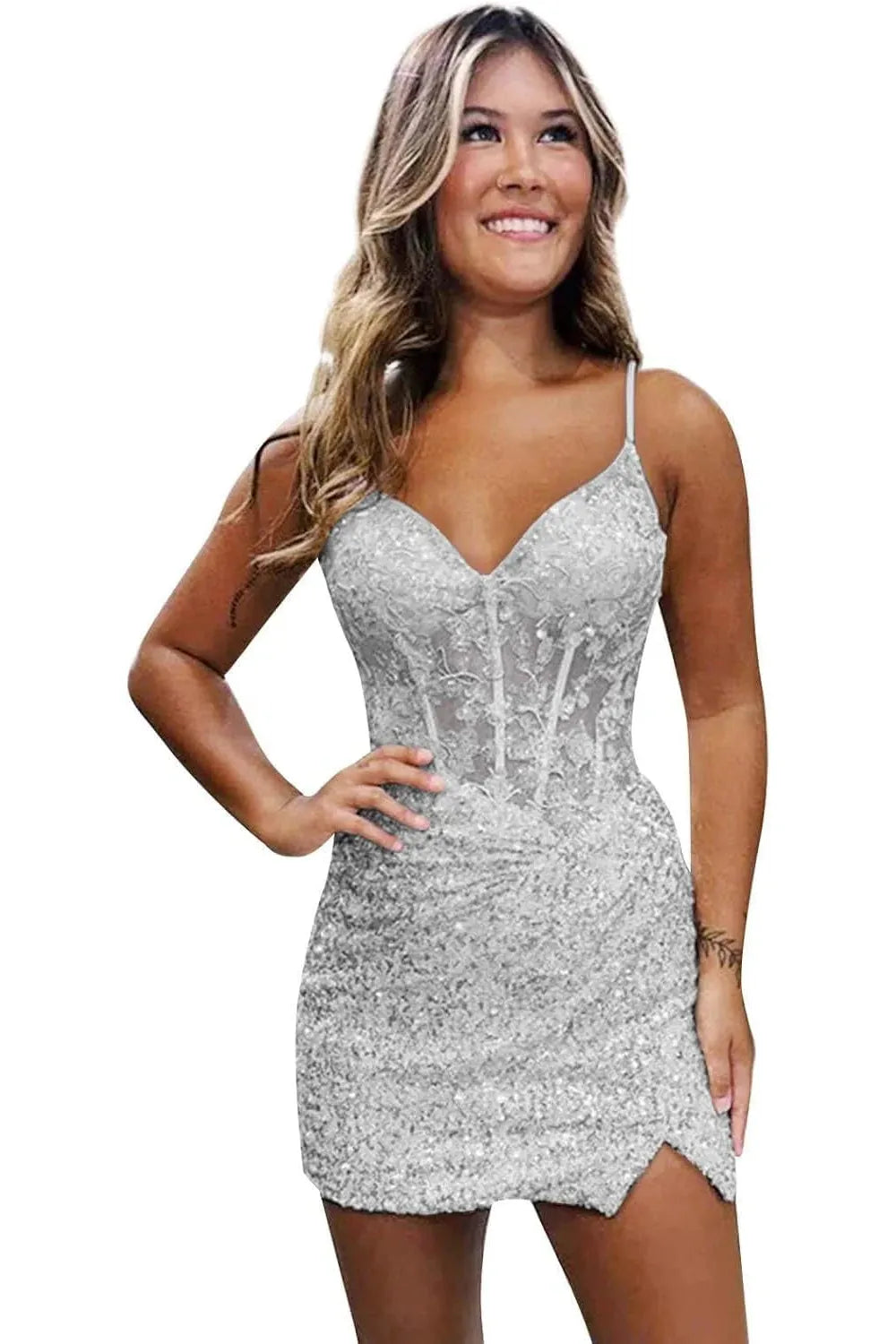 Lilac Homecoming Dresses Spaghetti Straps Sequin Corset Tight Short Cocktail Dresses