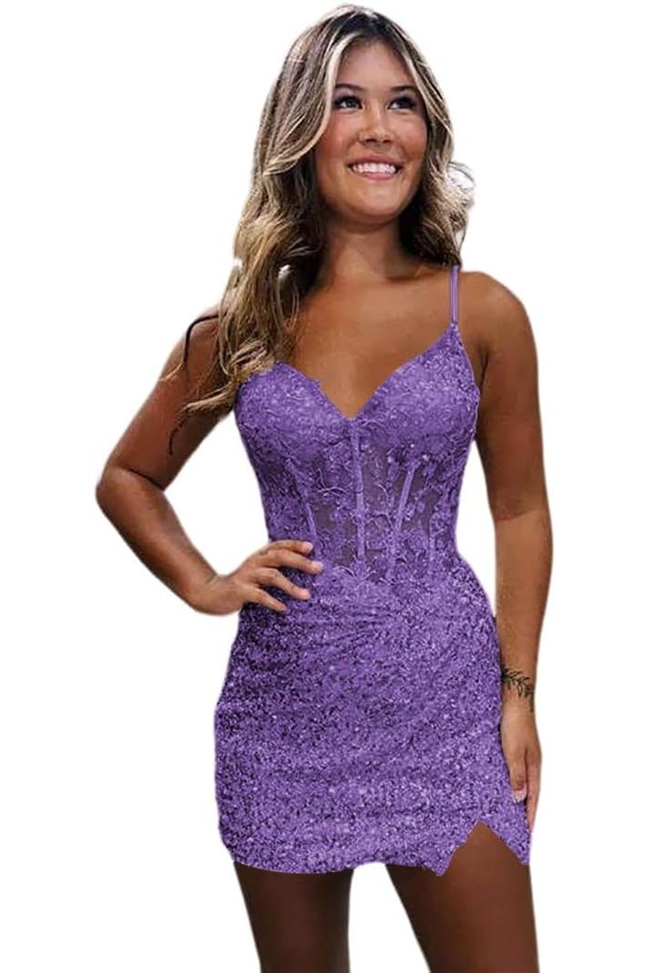 Lilac Homecoming Dresses Spaghetti Straps Sequin Corset Tight Short Cocktail Dresses