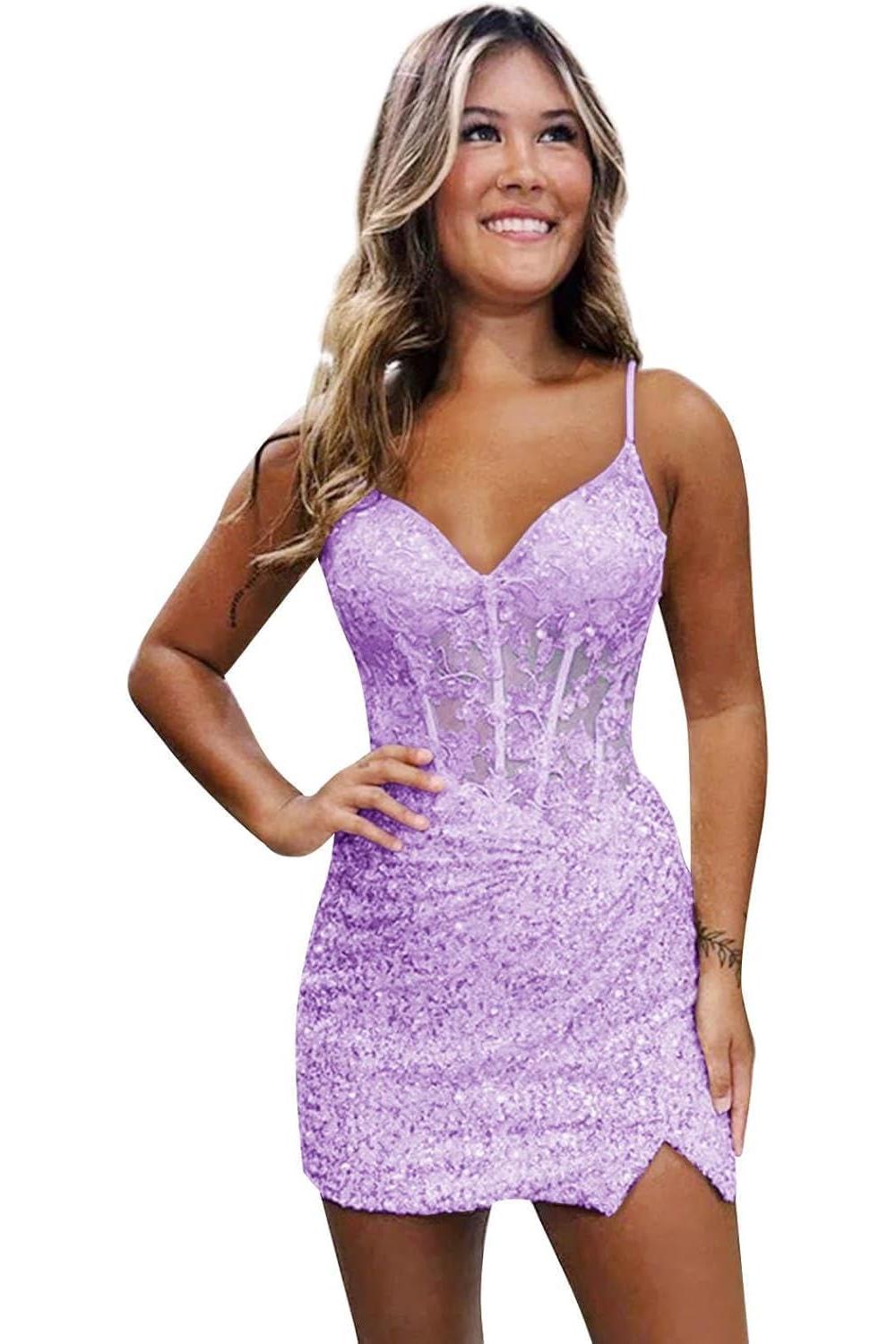 Lilac Homecoming Dresses Spaghetti Straps Sequin Corset Tight Short Cocktail Dresses