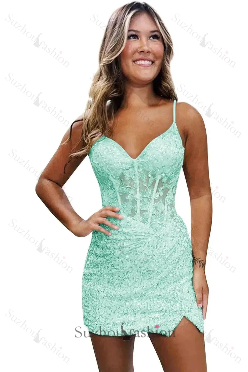 Lilac Homecoming Dresses Spaghetti Straps Sequin Corset Tight Short Cocktail Dresses