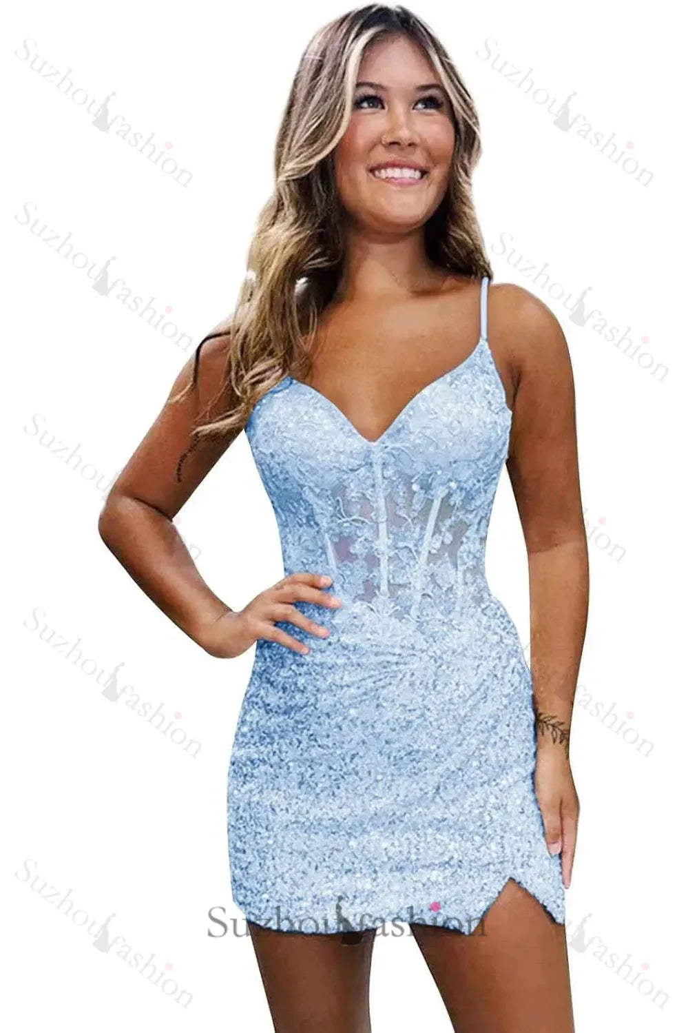 Lilac Homecoming Dresses Spaghetti Straps Sequin Corset Tight Short Cocktail Dresses