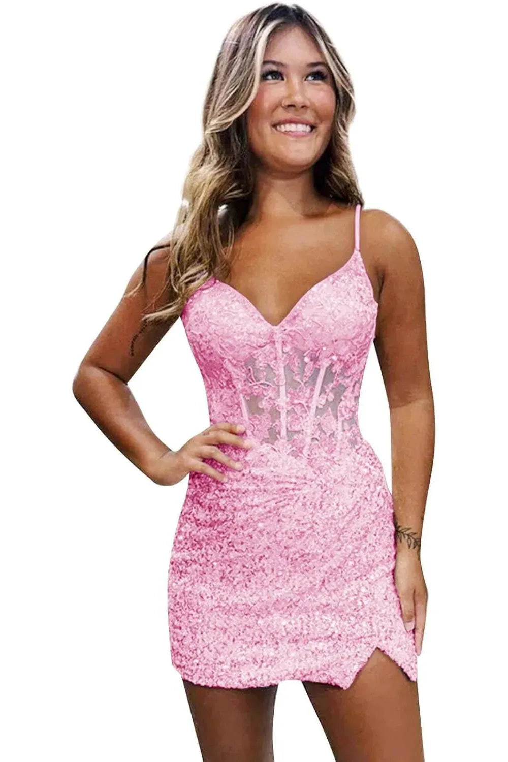 Lilac Homecoming Dresses Spaghetti Straps Sequin Corset Tight Short Cocktail Dresses