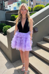 Lilac Homecoming Dresses V-Neck A-Line Halter Tiered Short Cocktail Dresses With Bow